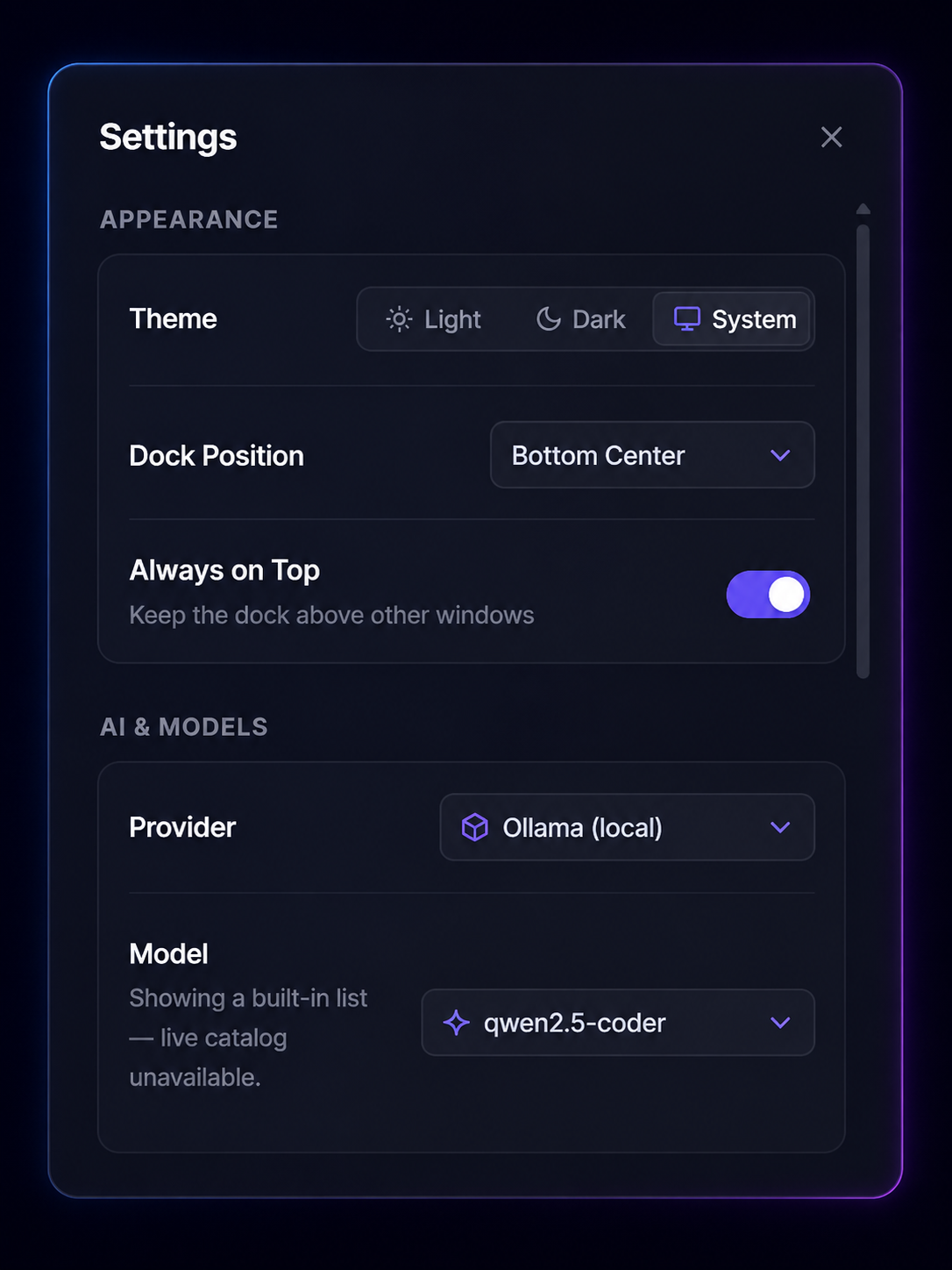 The DockShift settings panel