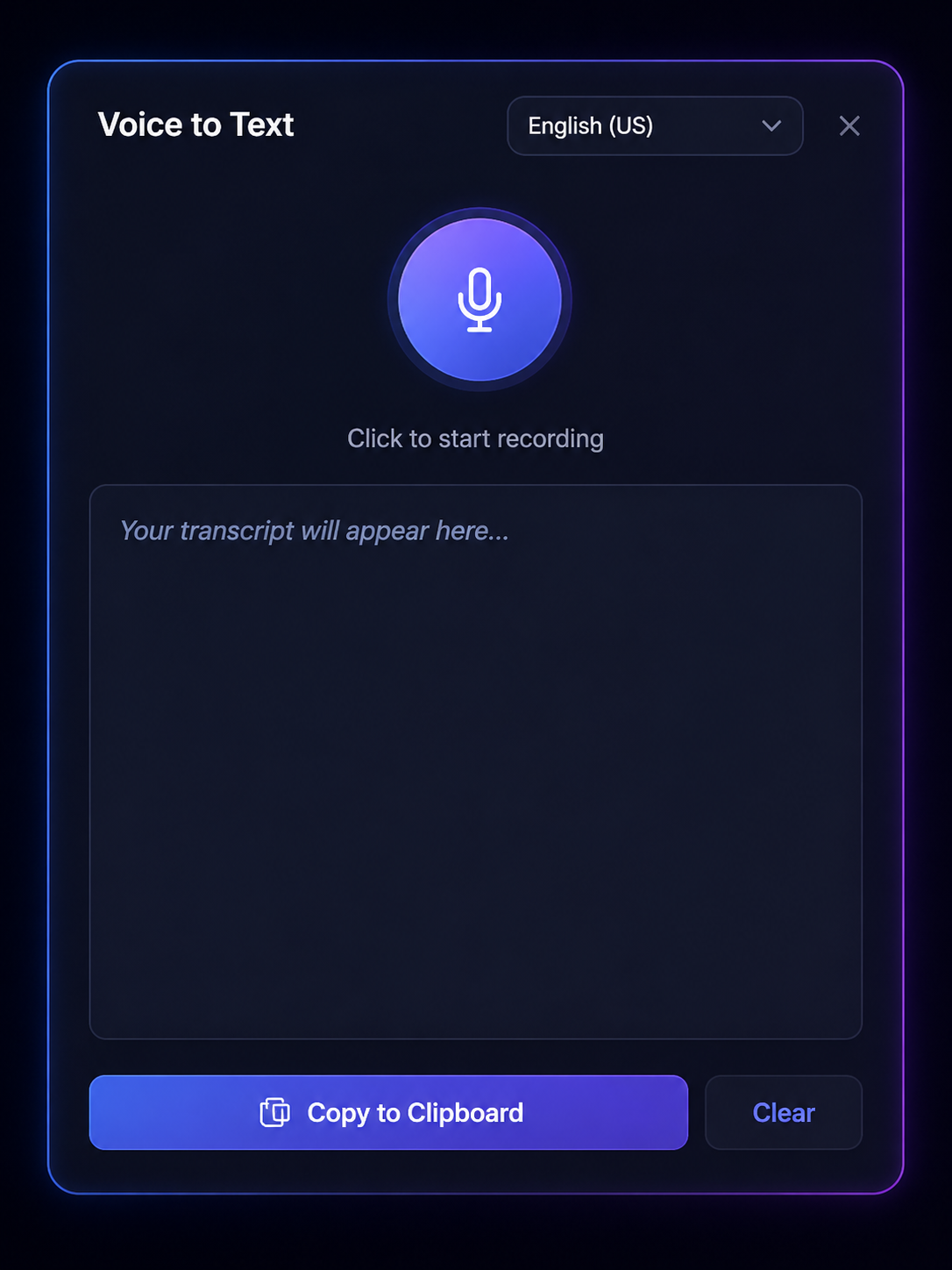 The DockShift voice-to-text panel